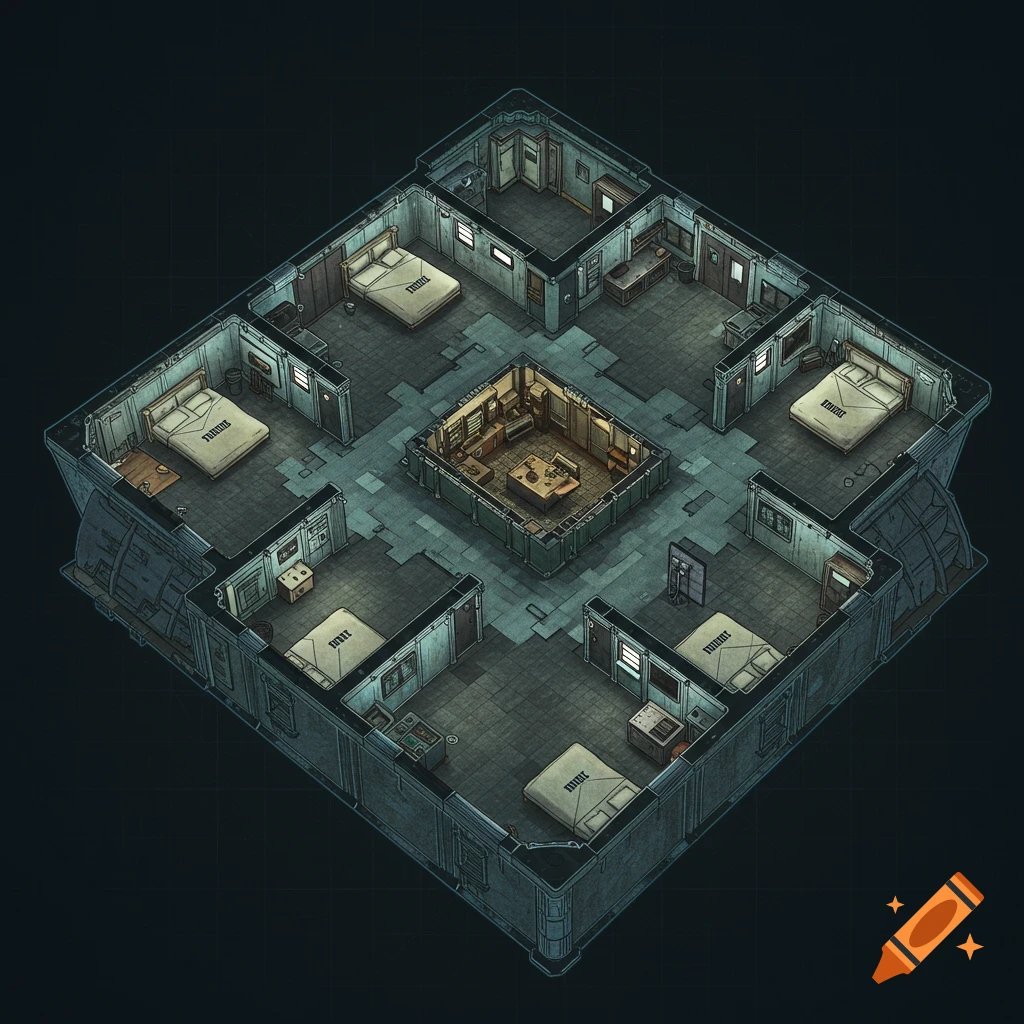 Isometric map view of a building interior, showing multiple bedrooms and a central room in a sci-fi or post-apocalyptic style.