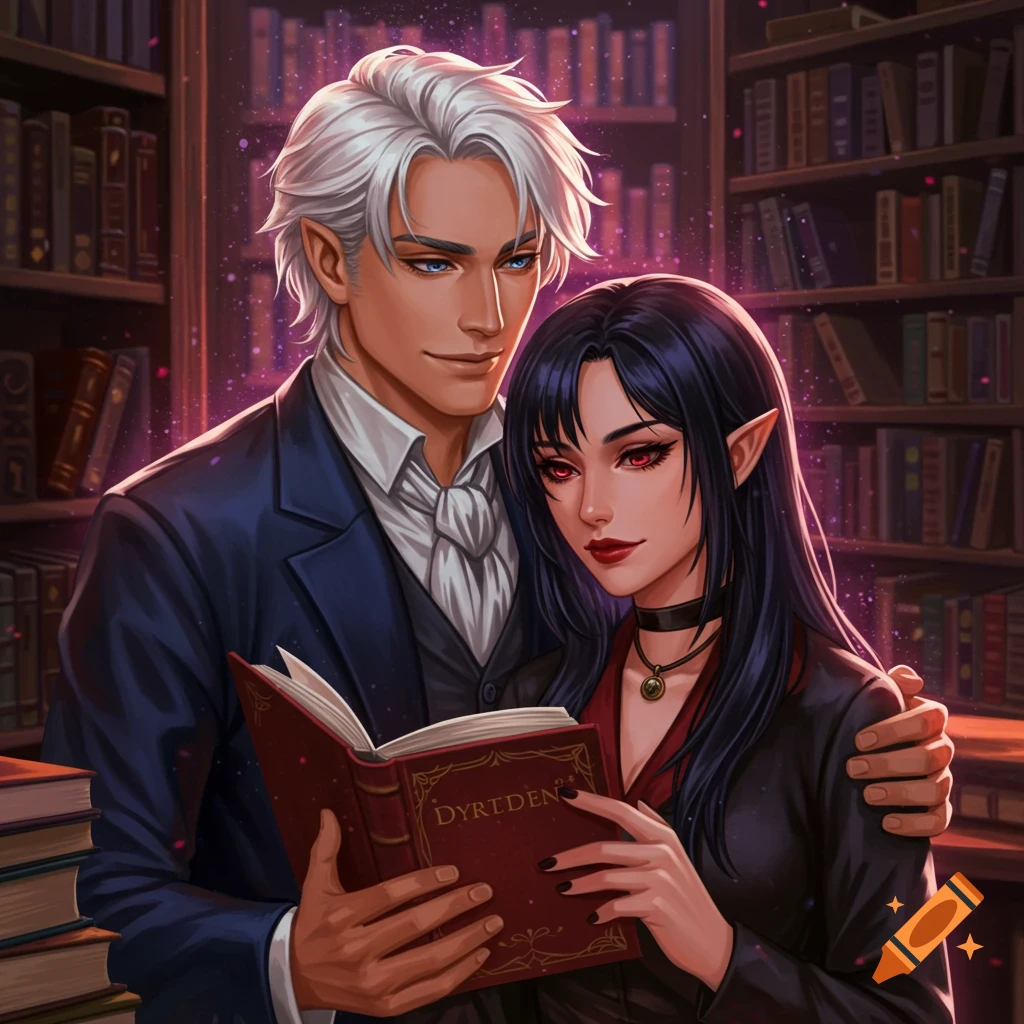Fantasy characters reading a book in a magical library.
