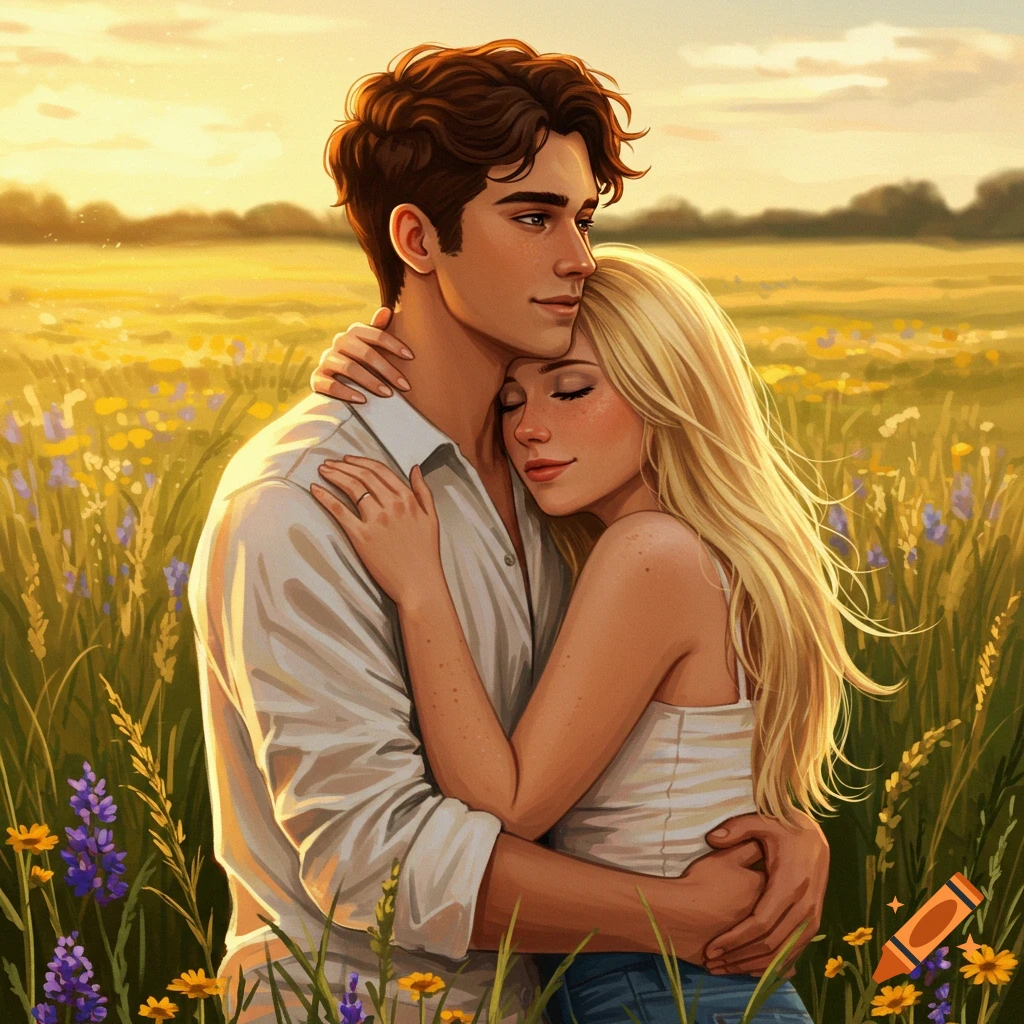 A couple hugging in a sunny flower field.