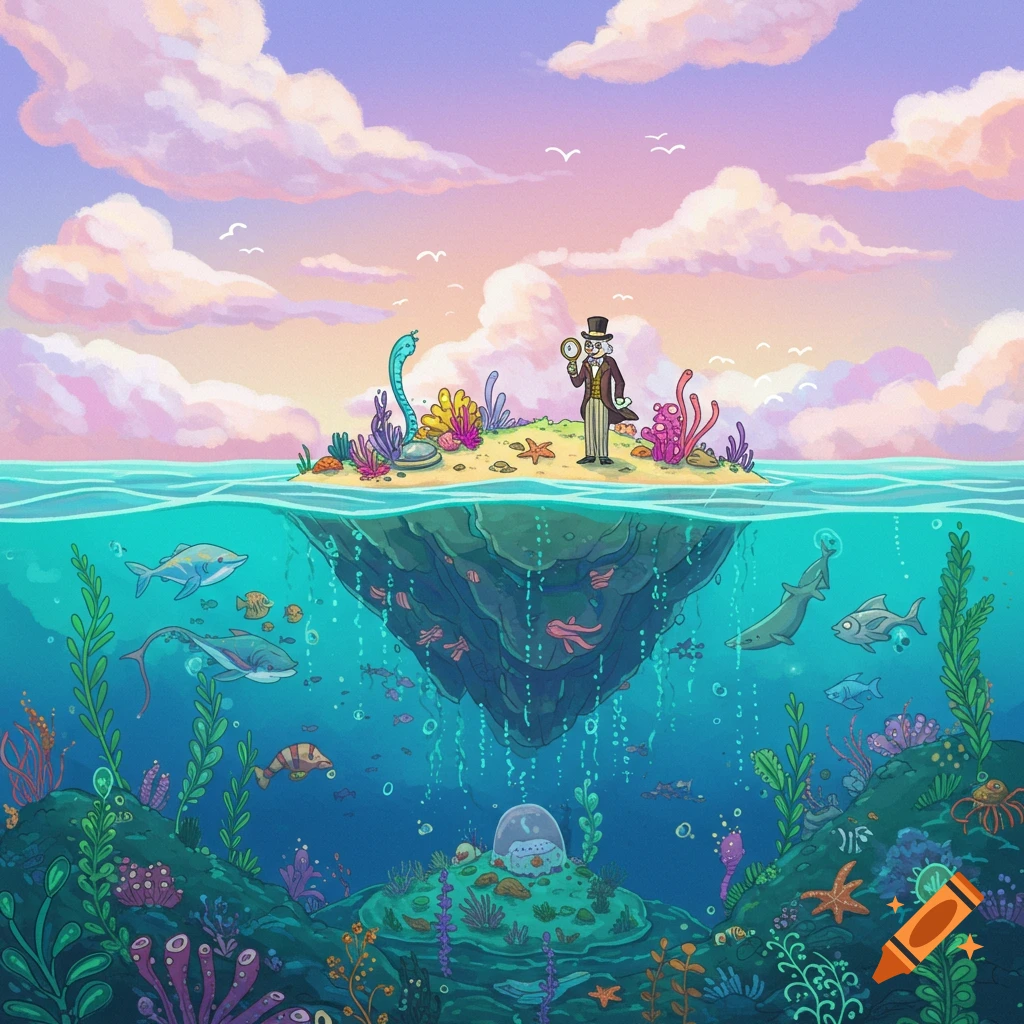 A stylized image of a man on a small island above a vibrant underwater world filled with fish and coral.