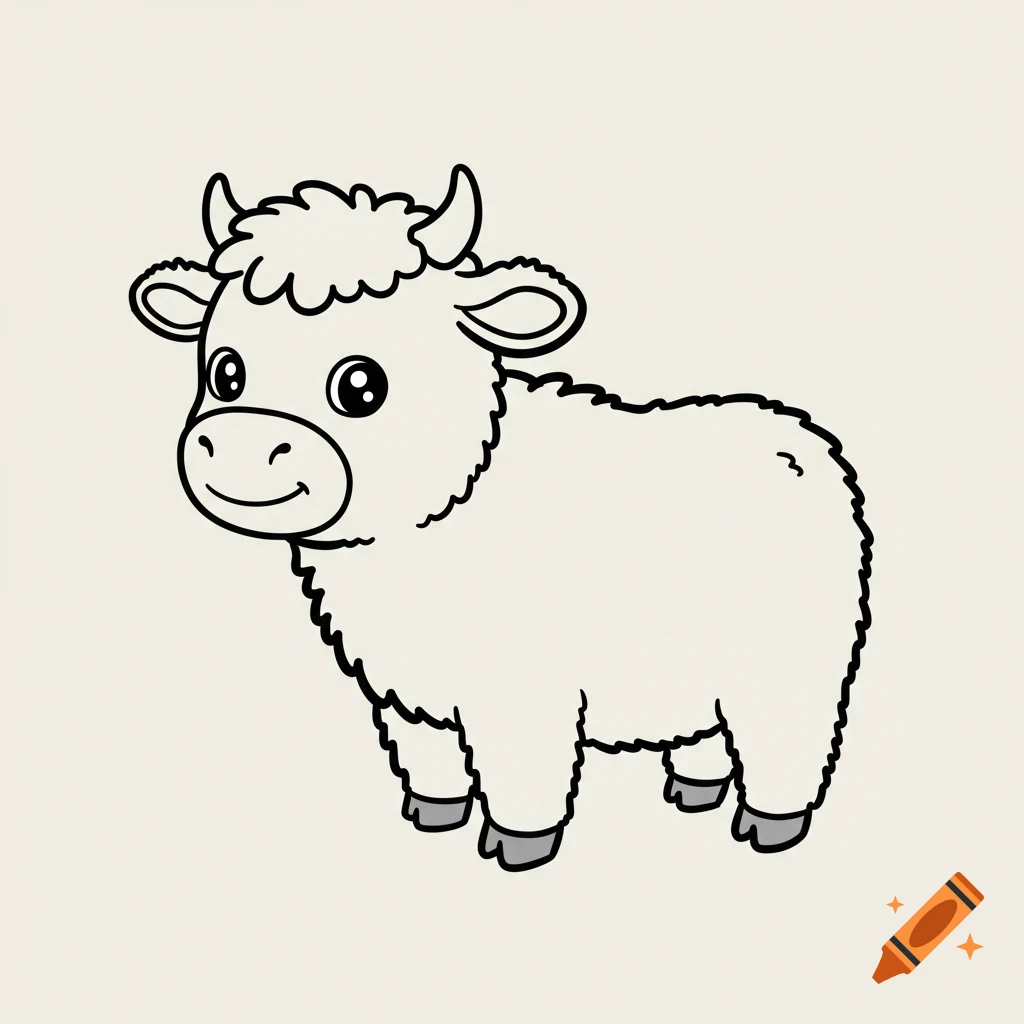Cartoon line drawing of a fluffy cow standing sideways.