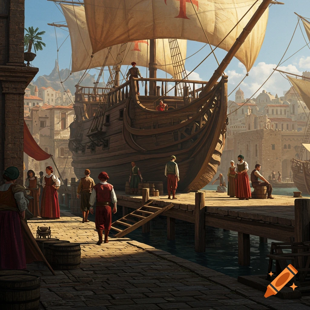 A caravel ship docked at a busy port with people on the pier.