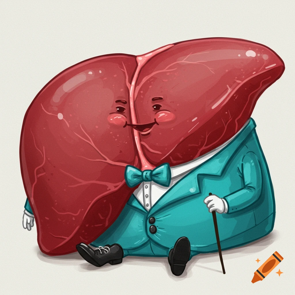 Cartoon illustration of a liver wearing a blue suit and bow tie, sitting with a cane.
