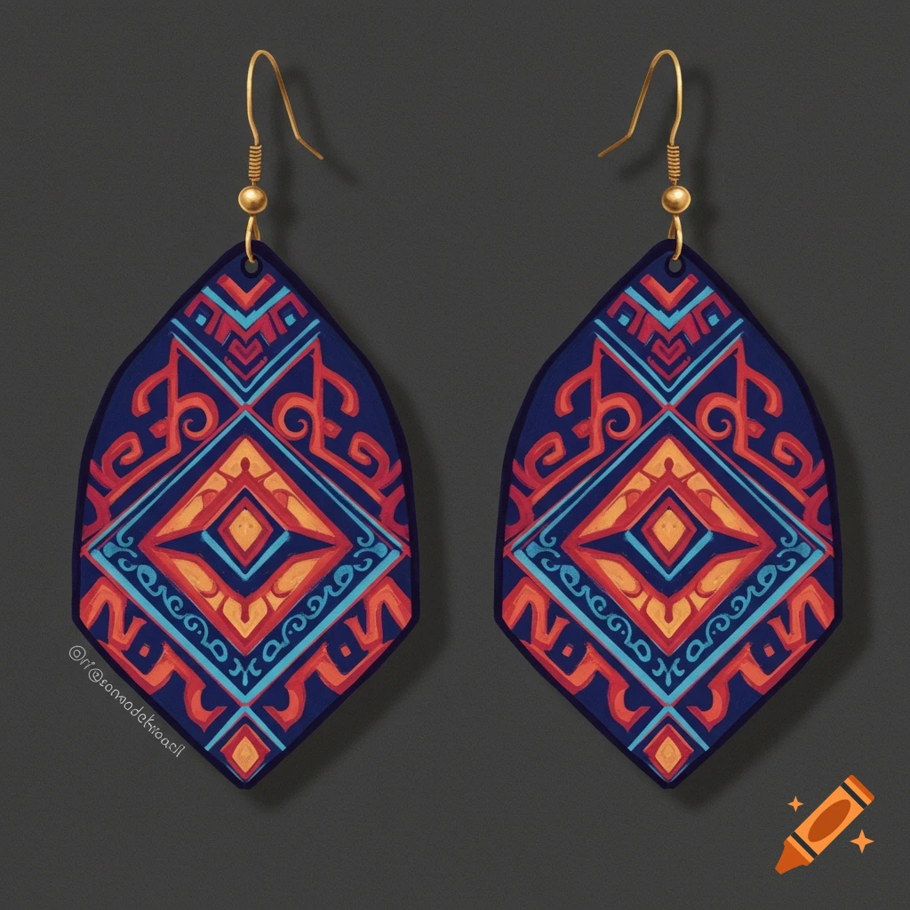 Two ornate earrings with blue, orange, and red geometric patterns inspired by Ajrak Sindhi art.