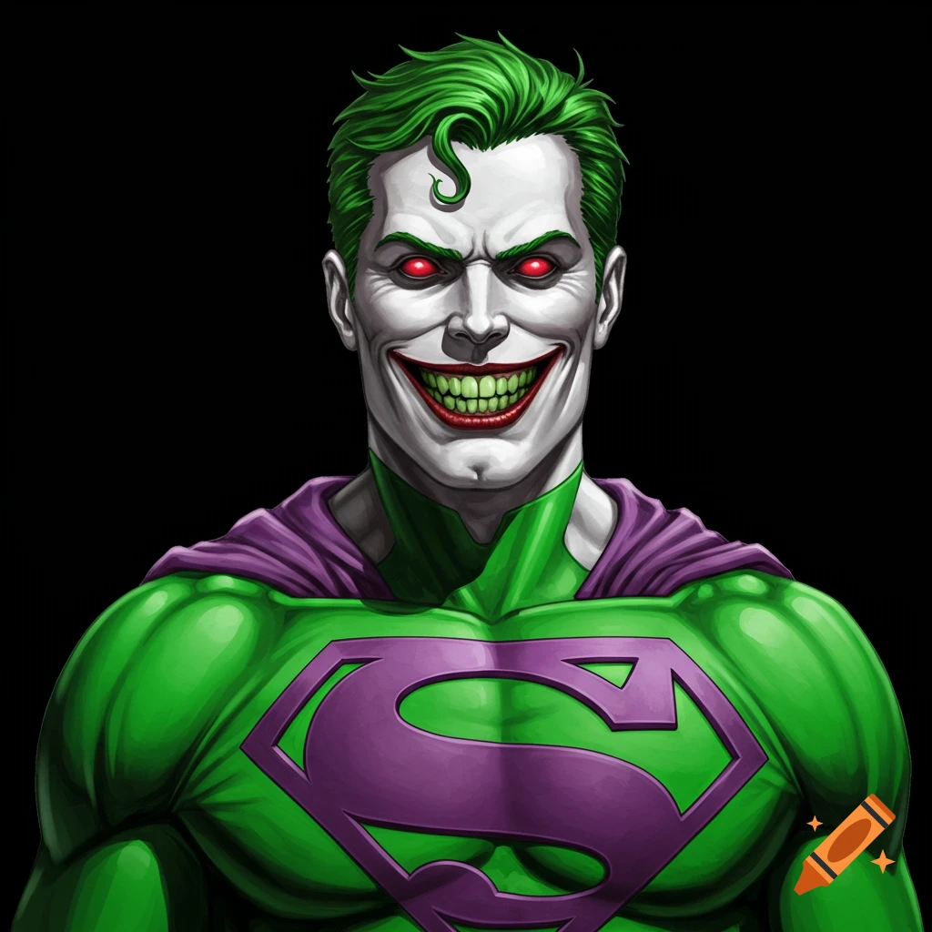 A character with Joker's face, green hair, red eyes, and grin, wearing a green Superman suit with purple 'S' symbol.