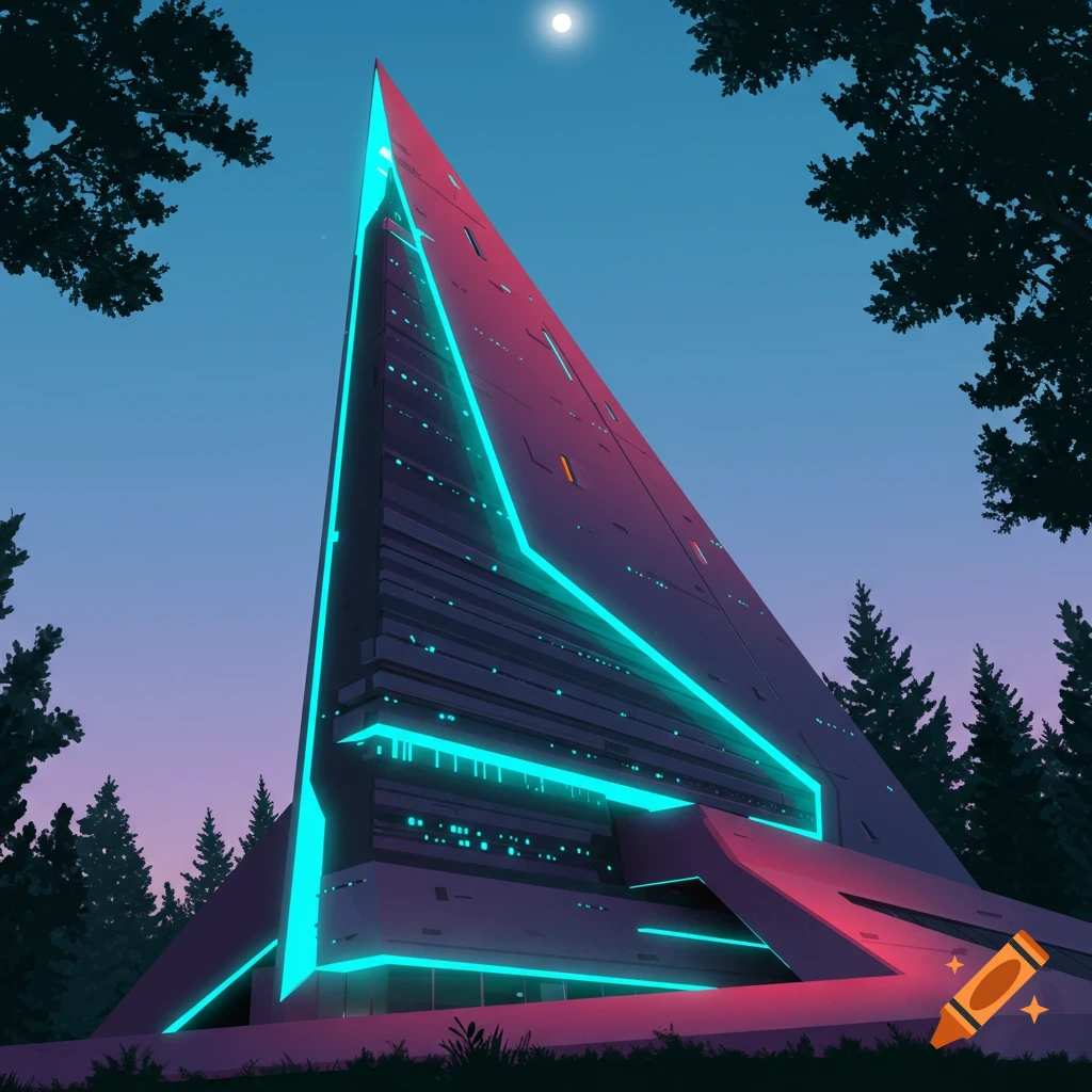 A futuristic, triangular building with glowing blue neon lights at twilight.