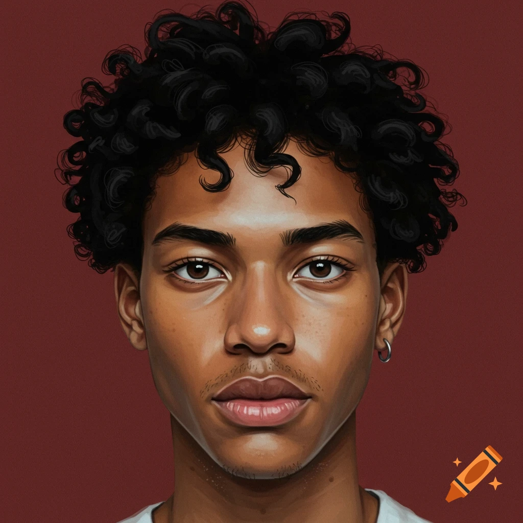 A young man's face with curly hair.
