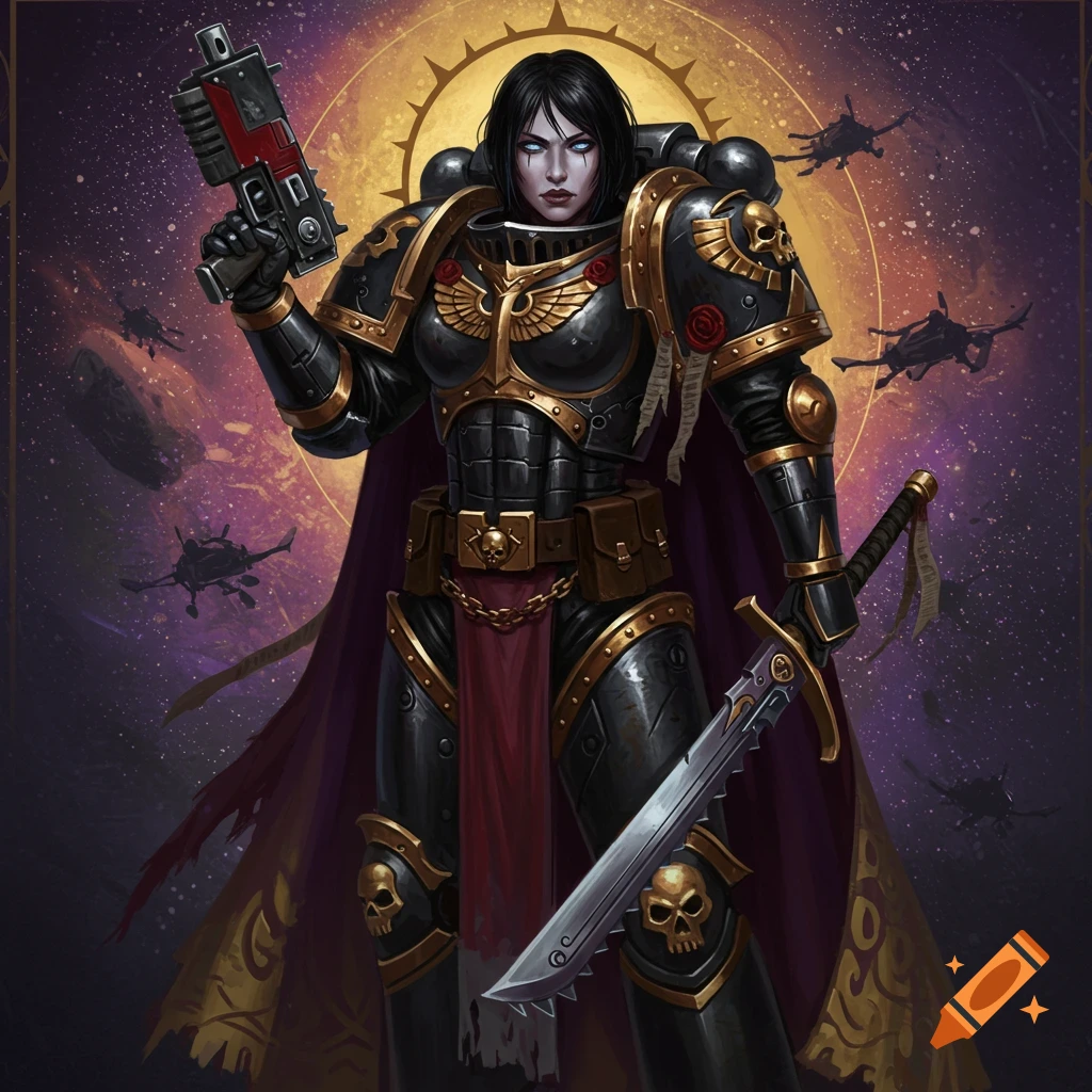 A female Warhammer character in black and gold power armor, holding a gun and sword against a cosmic background.