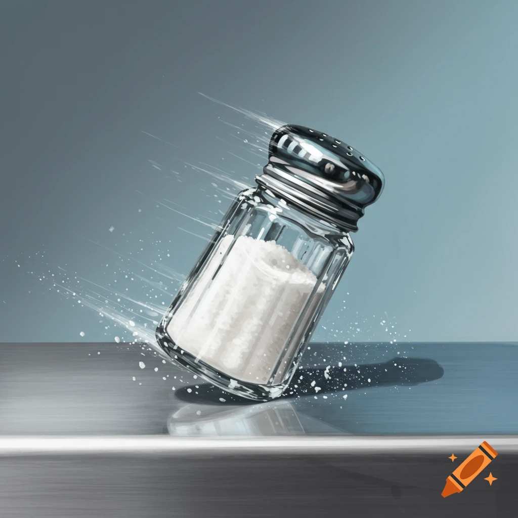 A salt shaker spilling salt on a surface.