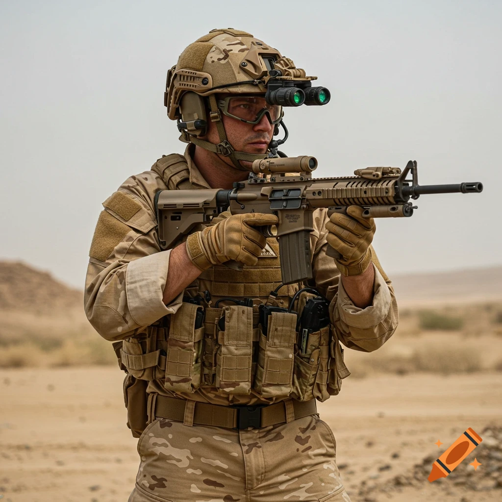 A soldier in tactical gear holds a rifle in a desert landscape.