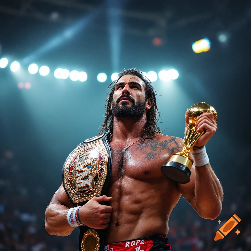 Razor Ramon with title belt and trophy on basketball court on Craiyon