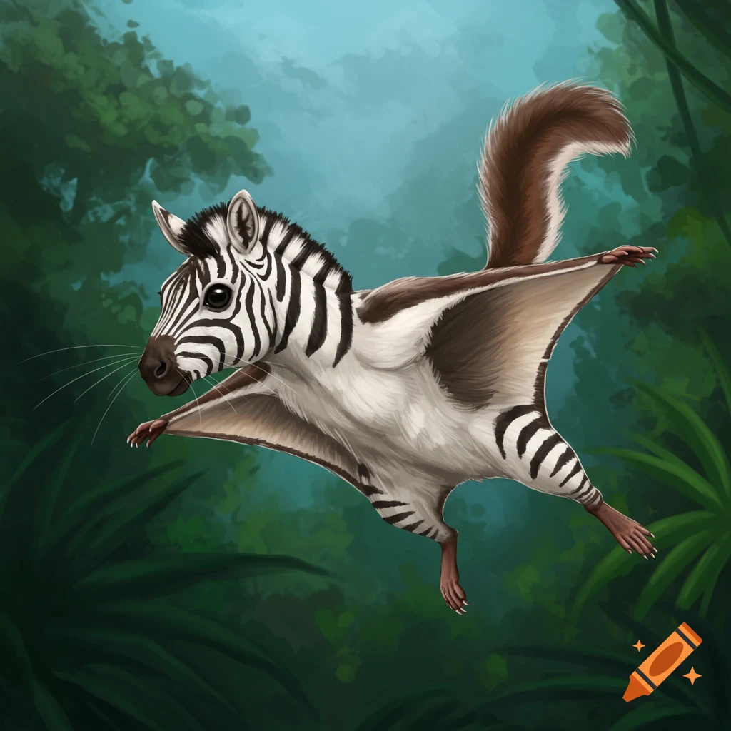 A zebra flying squirrel hybrid gliding through a forest.