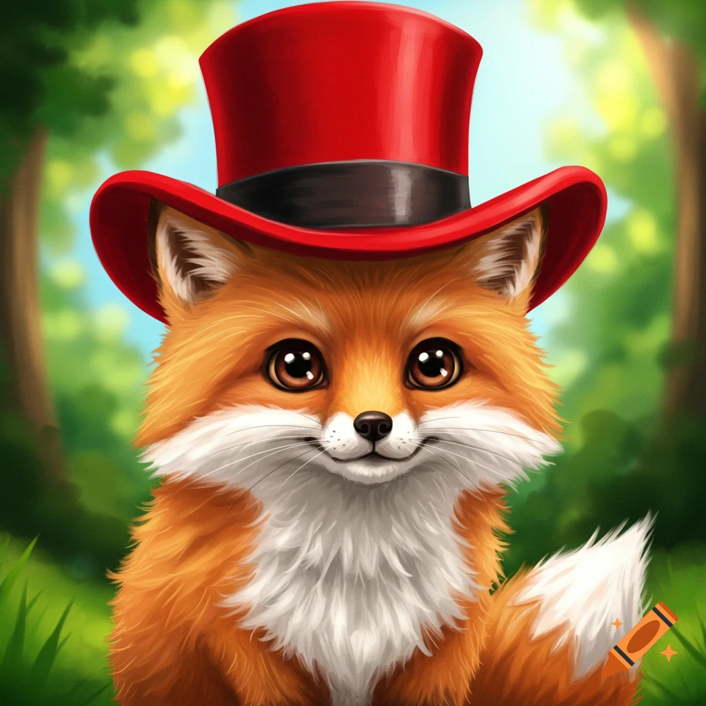 A cute fox wearing a red top hat in a forest.