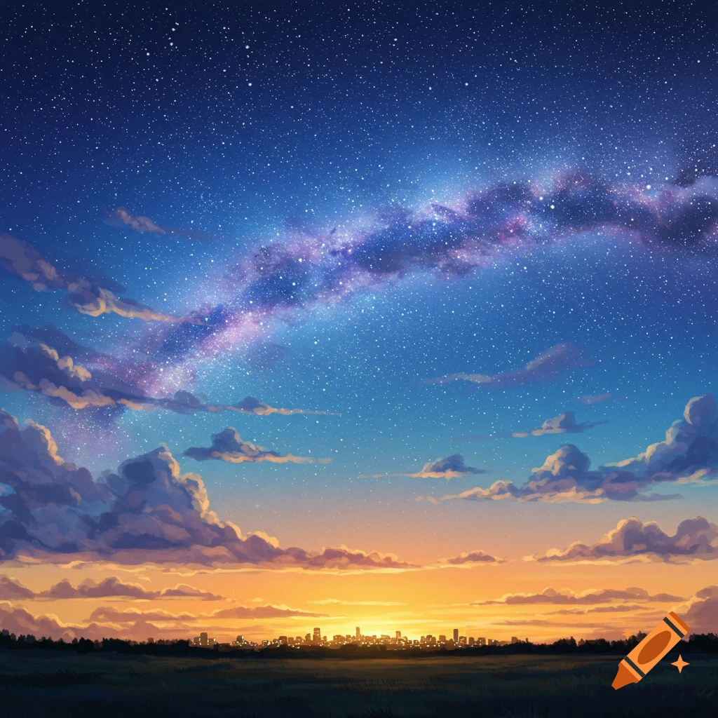 A starry night sky with the Milky Way over a city skyline at dusk.
