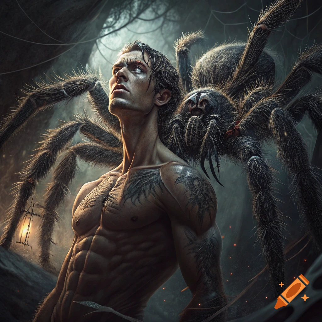 Muscular man with a large tarantula on his shoulder in a dark, stylized setting.