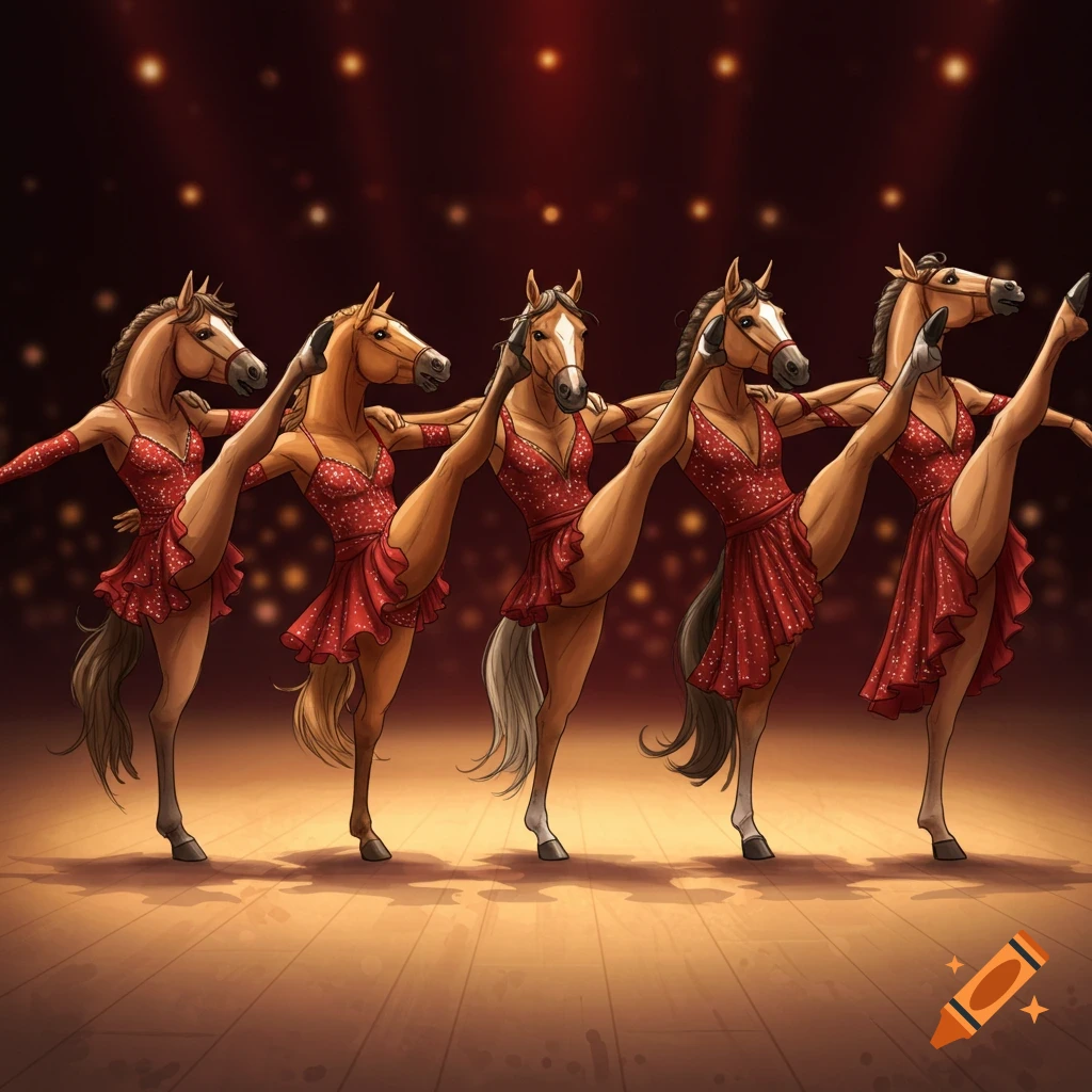 Five horse-like figures in red sequined dresses high-kicking on a stage.