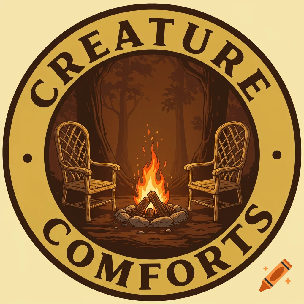 A circular logo with 'CREATURE' on top and 'COMFORTS' on bottom around a campfire with two chairs in a forest.