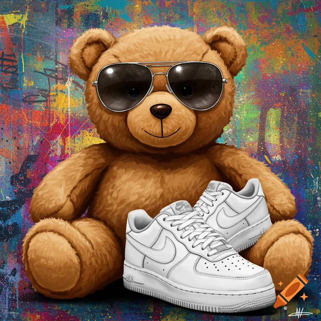 Teddy bear in sunglasses with white sneakers against colorful graffiti background. Pop art style.