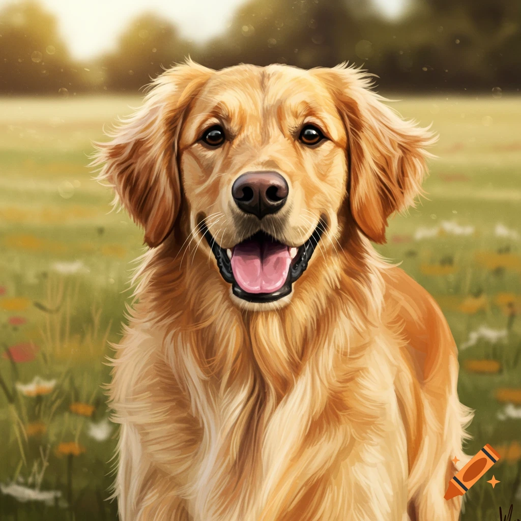 A smiling golden retriever in a field.
