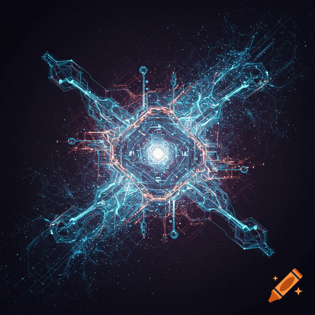 A glowing abstract digital design resembling a circuit board or mechanism.