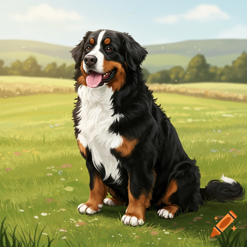 A Bernese Mountain Dog sitting in a grassy field.