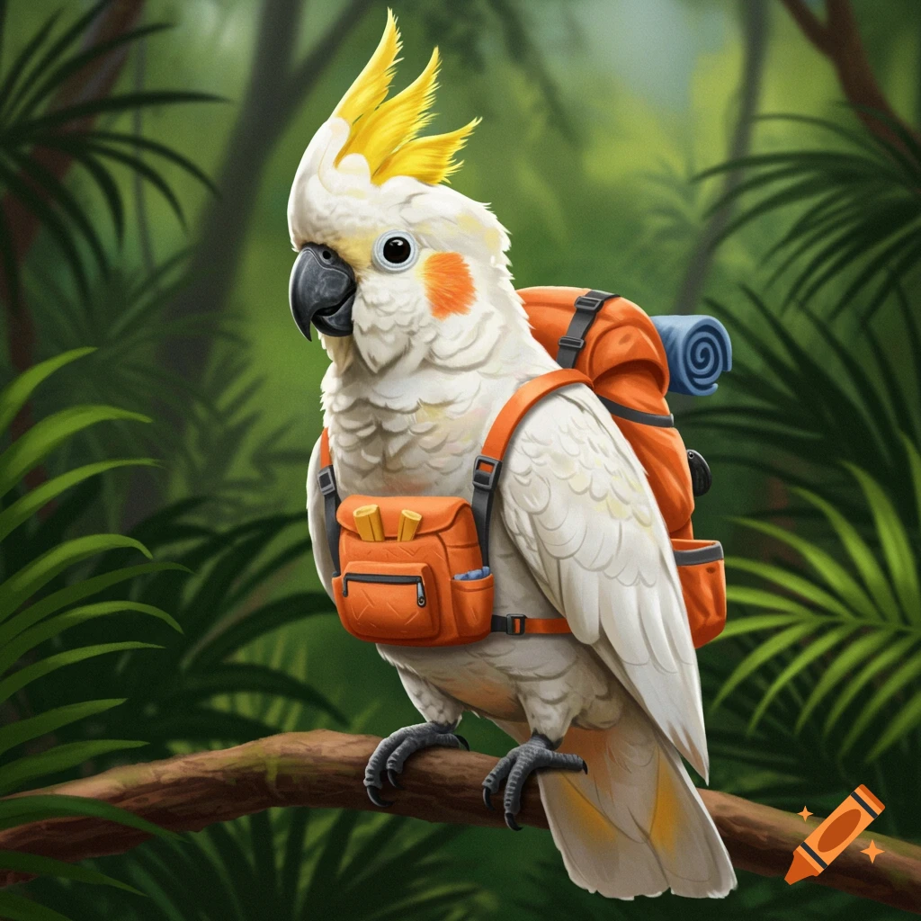 A cockatoo wearing an orange hiking backpack in a rainforest.