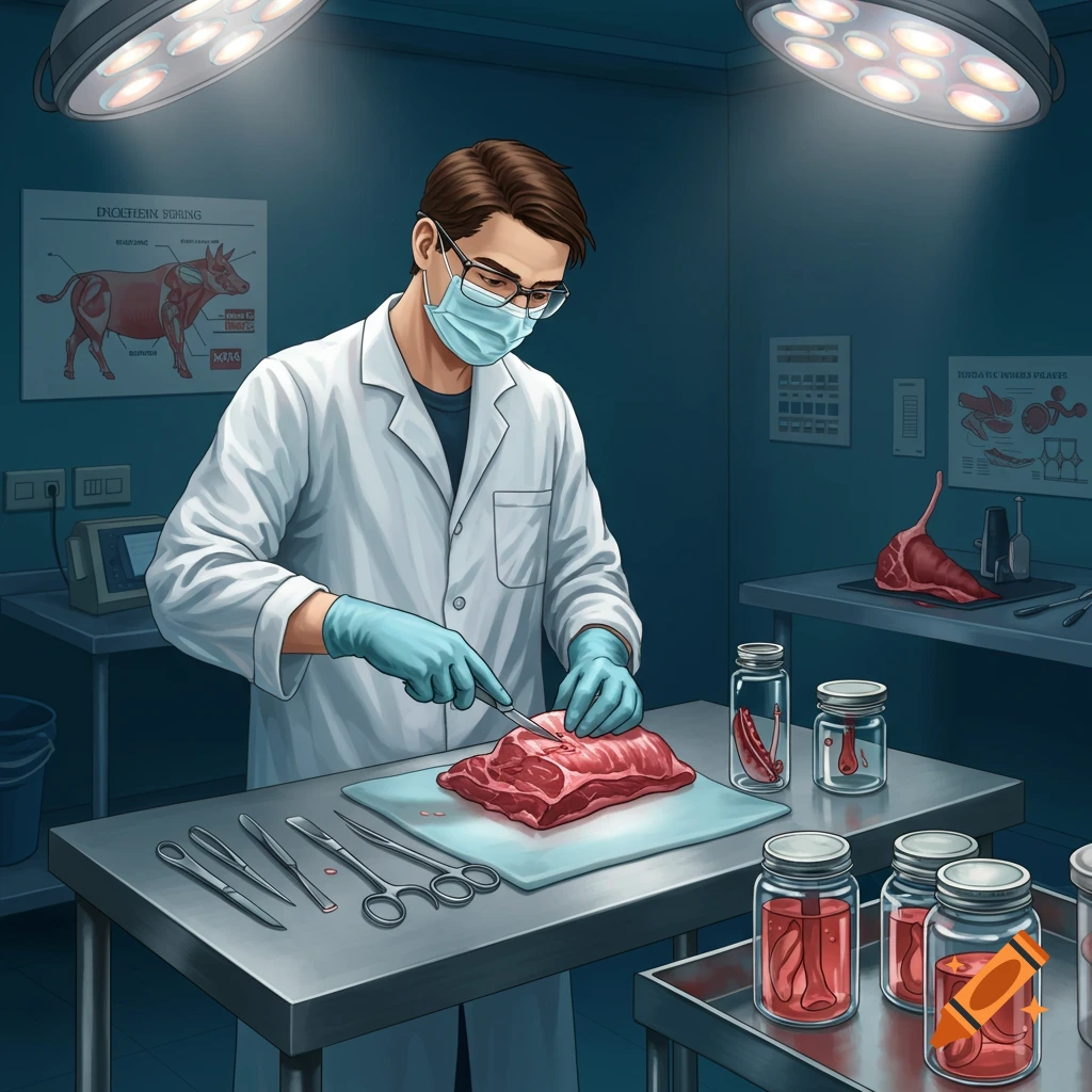 A person in a lab coat and mask butchering meat with surgical tools in a lab.