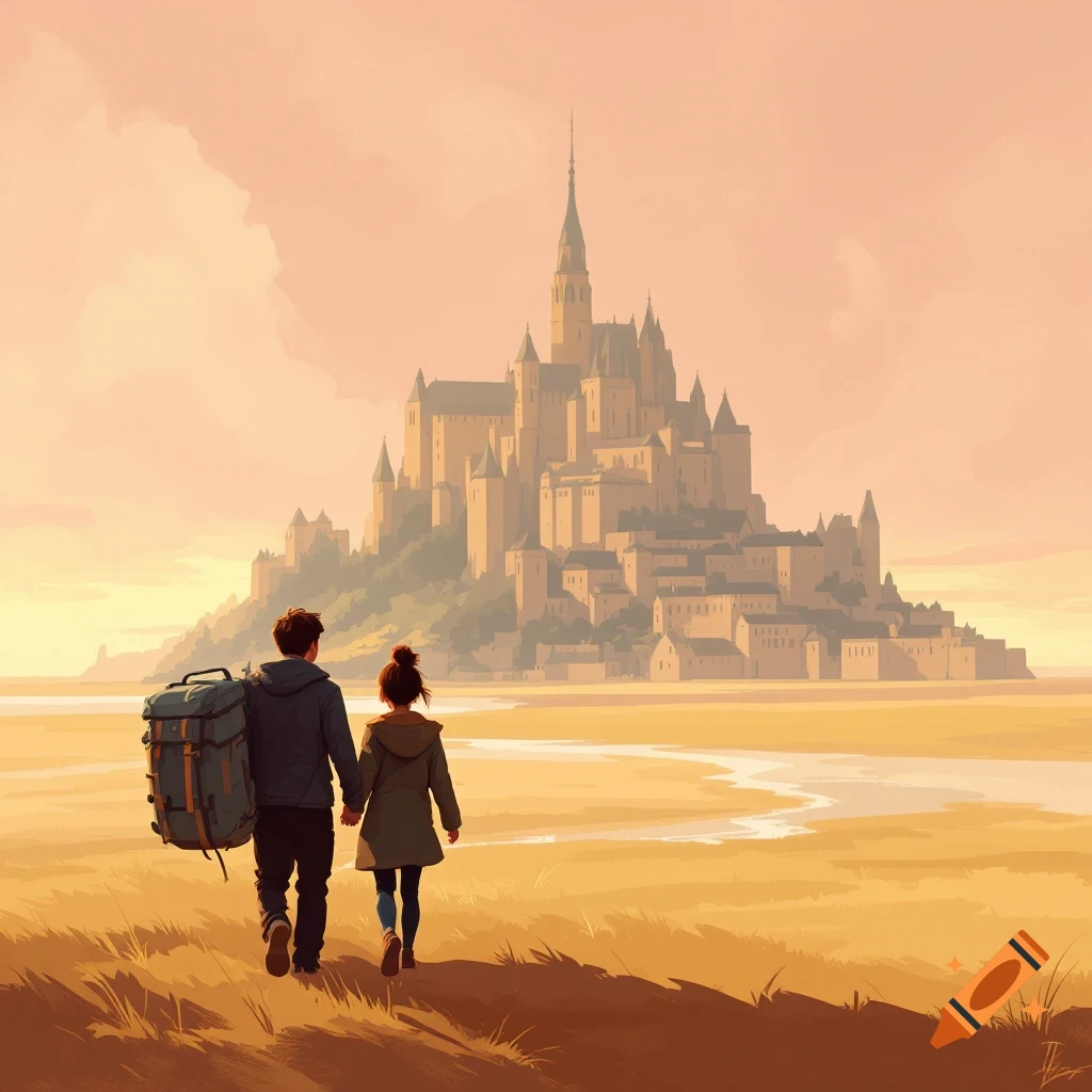 A couple with a backpack walks towards a large castle/abbey in a hazy, warm-toned landscape.