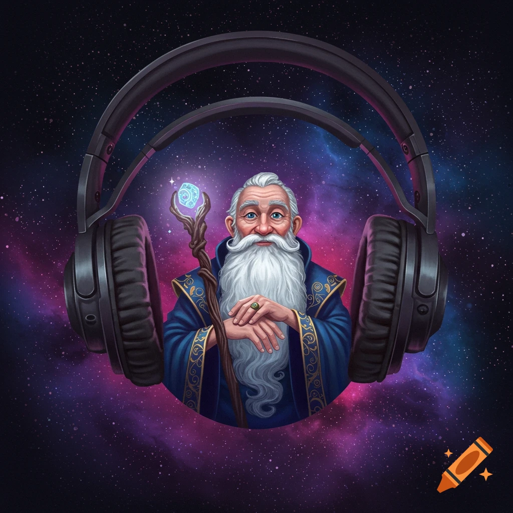 A wizard with a long white beard and blue robe holding a staff, sitting within a circle formed by large headphones, against a starry purple and black space background.