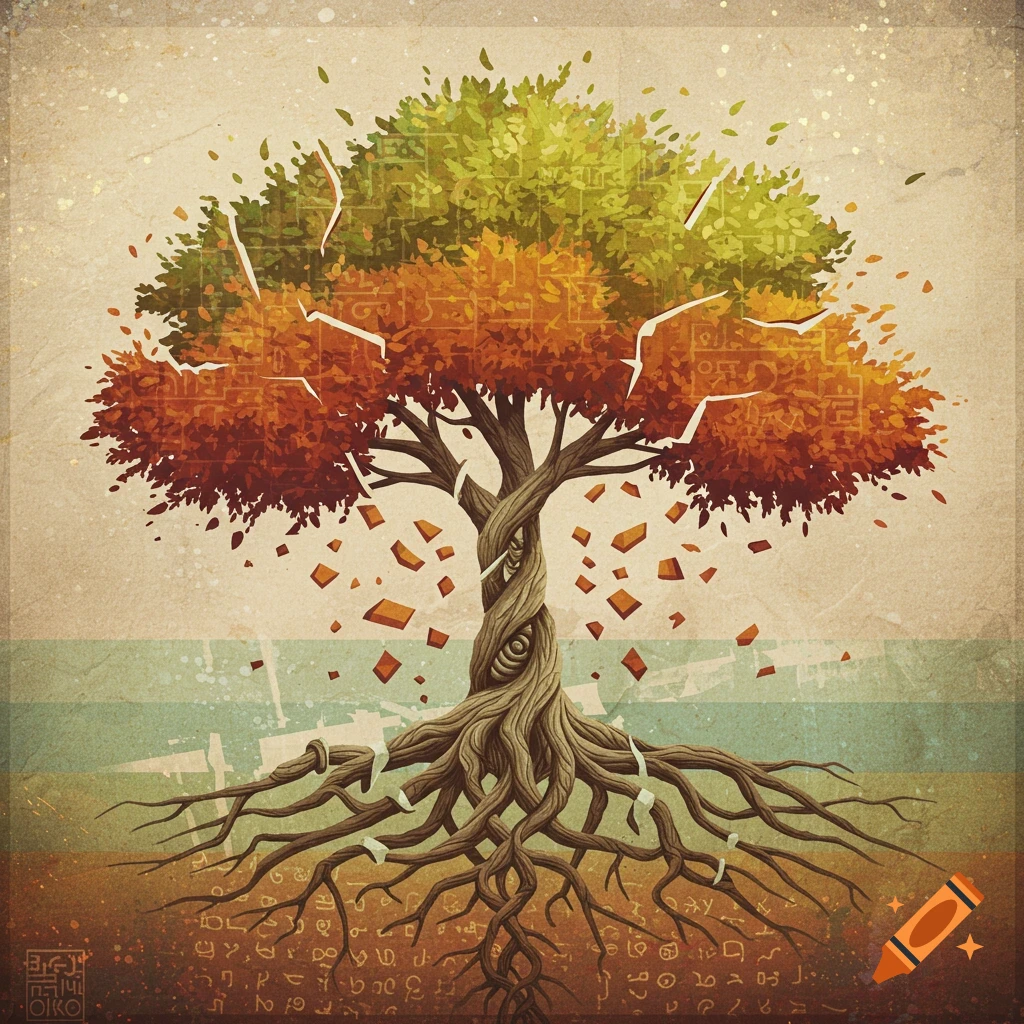 Stylized image of a tree representing loss of culture with roots and branches showing abstract symbols.