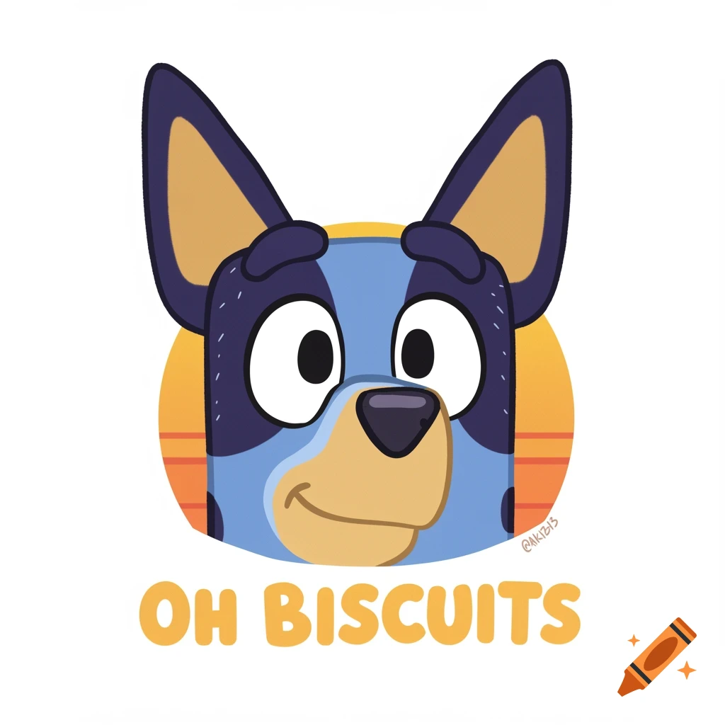 Bluey's face with the text 'OH BISCUITS' below in a cartoon style.
