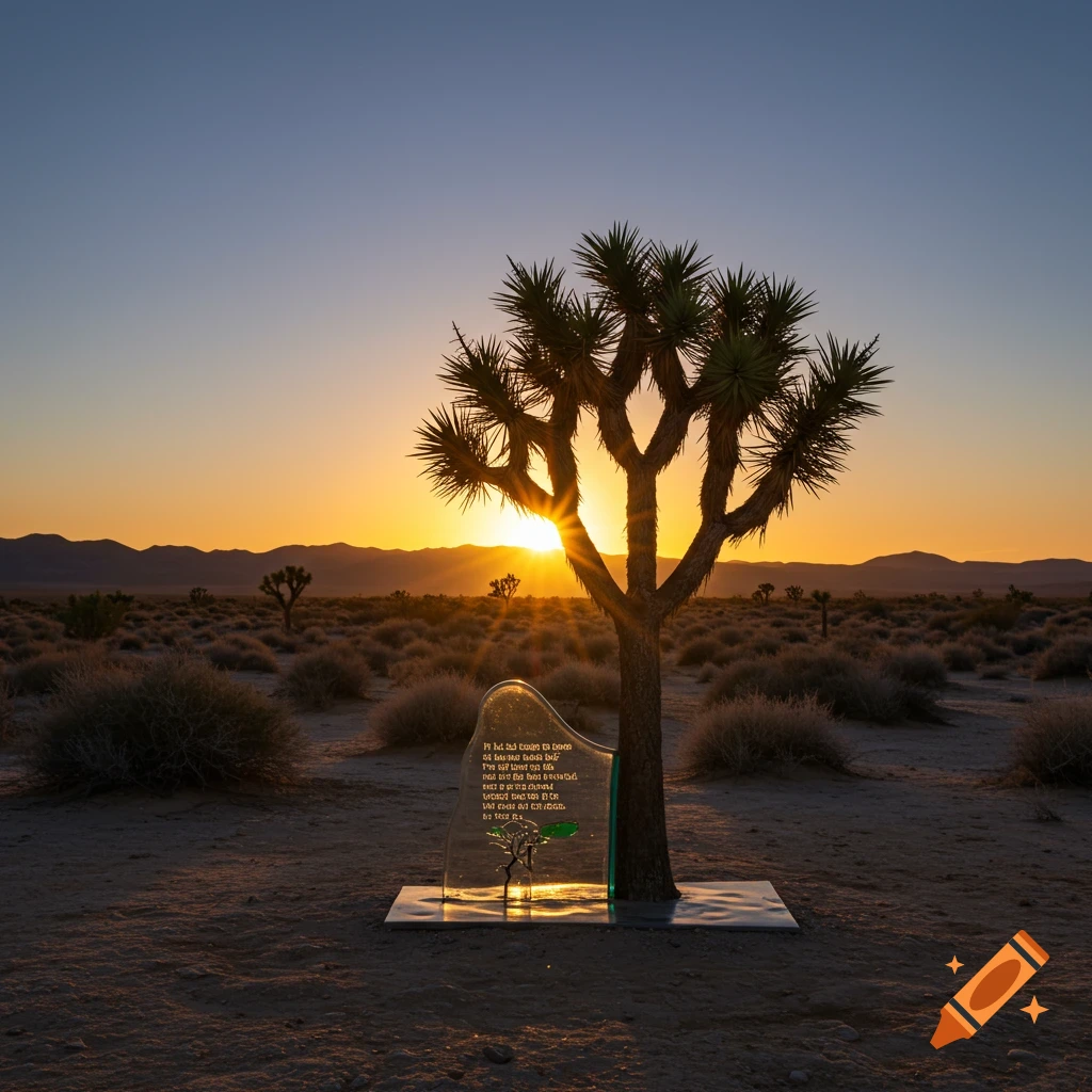 Photorealistic sunset in a desert with a Joshua tree and a glass sculpture.