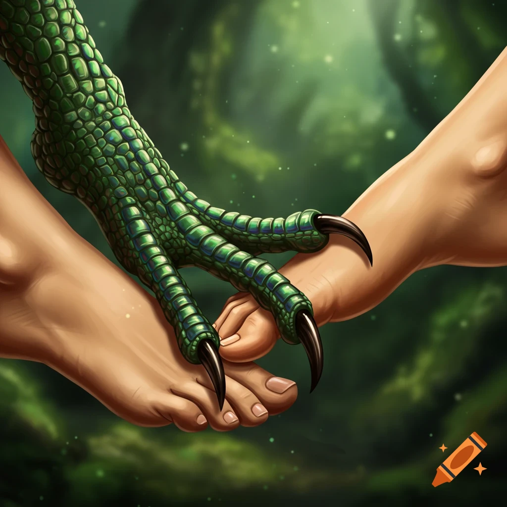 A green dragon's foot and a human's foot are interlaced.