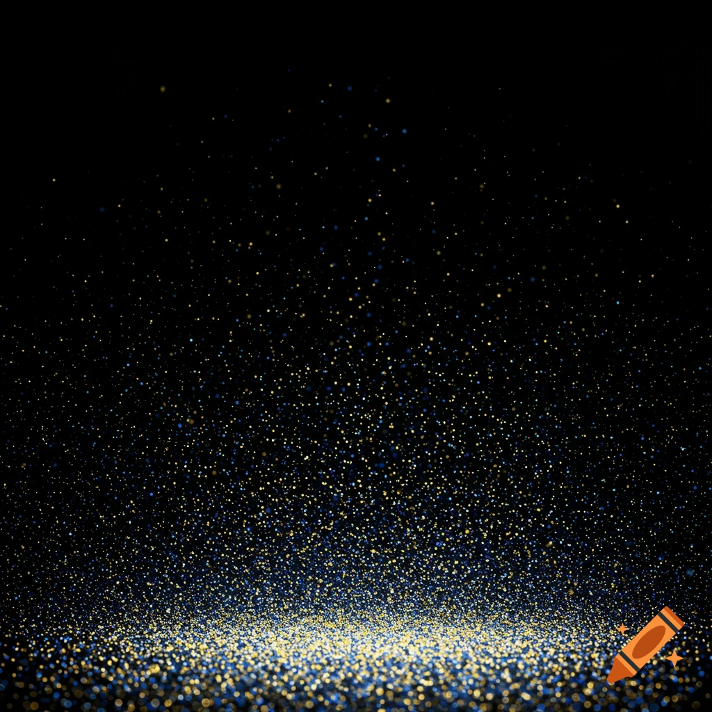 Gold and blue glitter particles falling and accumulating on a surface against a black background.