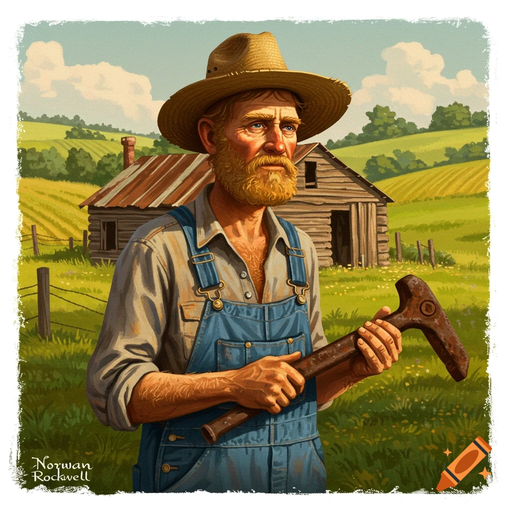 Painting of a farmer in overalls holding a tool in a field with a barn.