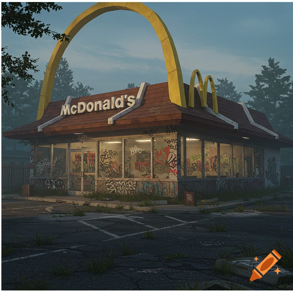 Abandoned McDonald's building covered in graffiti.