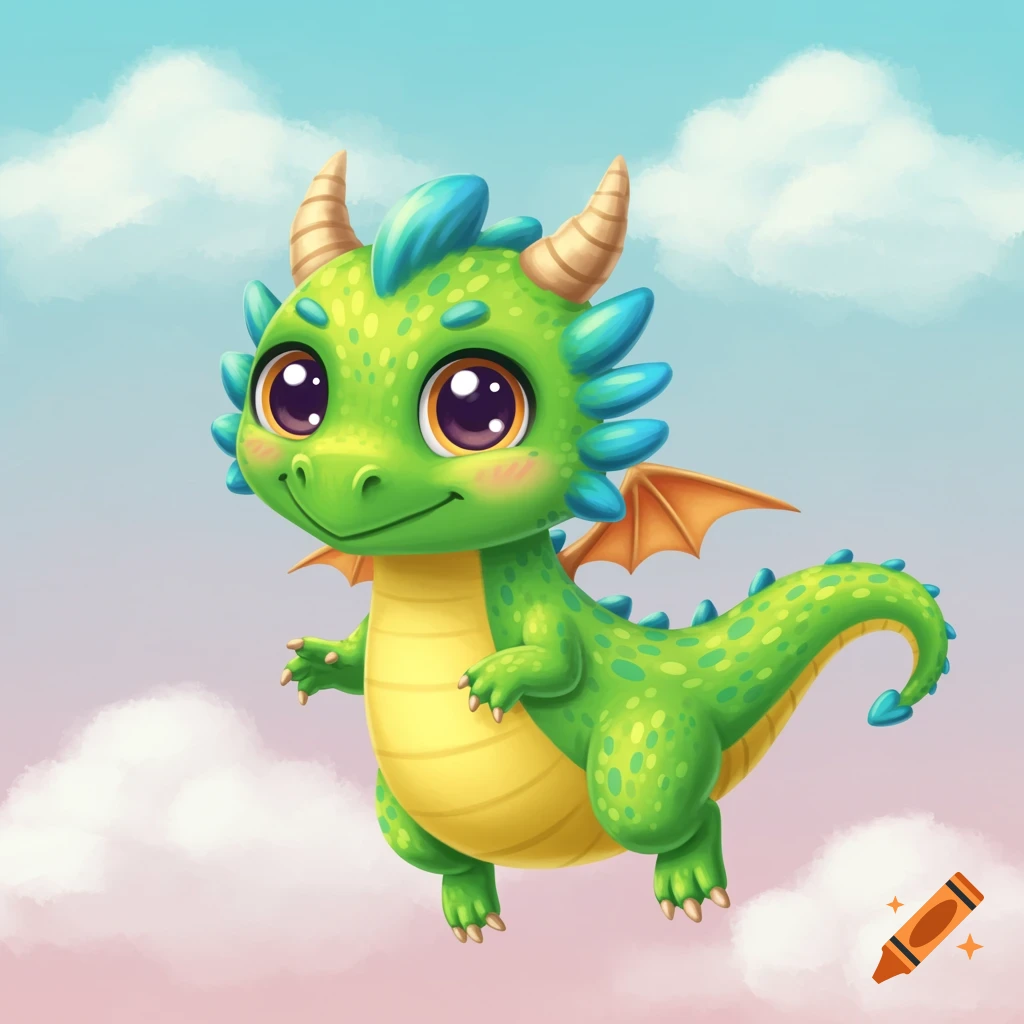 A cute cartoon green dragon with big eyes flies through a pastel sky with clouds.