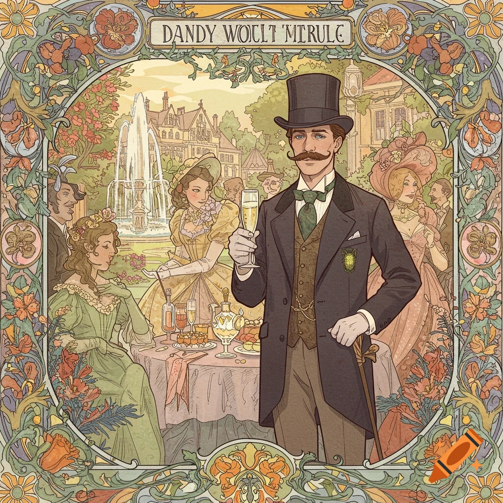 Art Nouveau of a dandy in a top hat holding champagne at a garden party.
