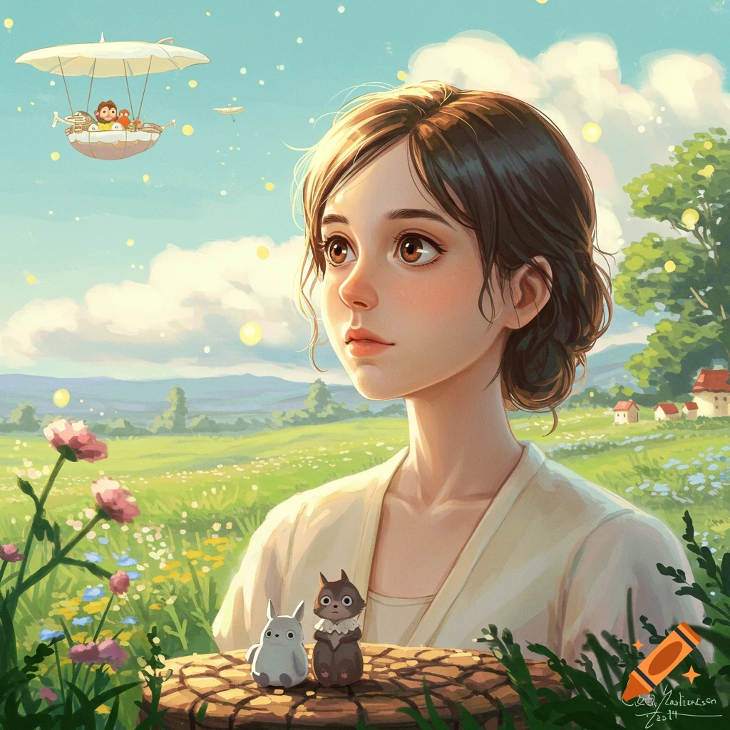 A young woman with friendly forest creatures in a sunny field looking at a hot air balloon, in the style of Studio Ghibli.