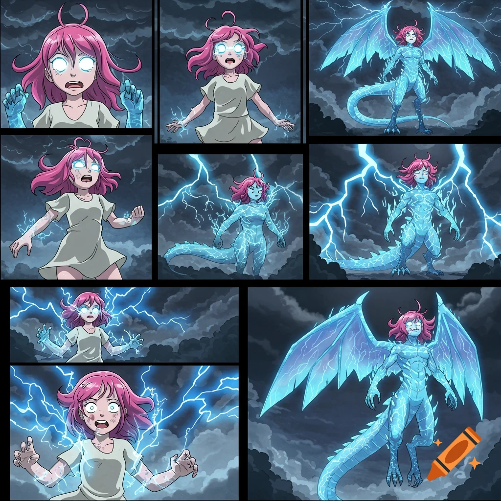 Anime comic panels show a girl with pink hair transforming into a glowing blue lightning dragon.