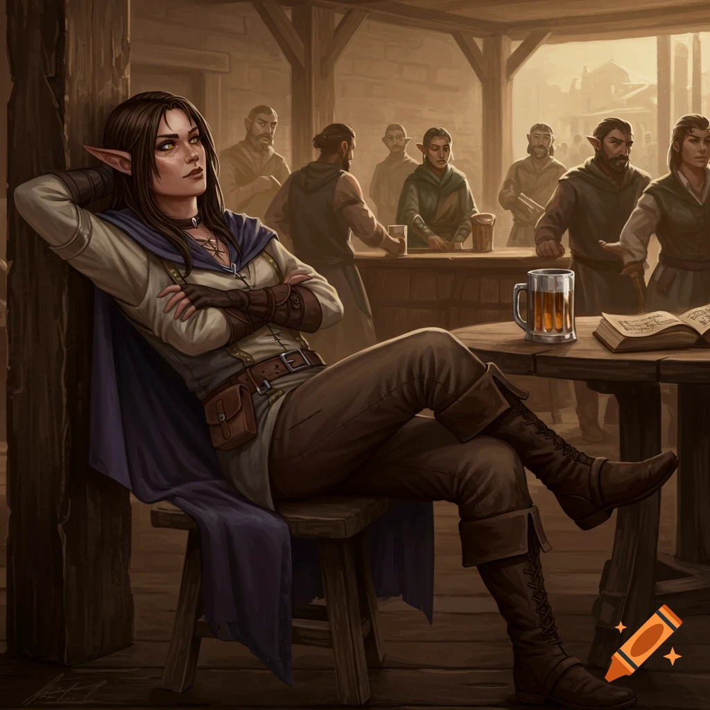 A half-elf sorcerer lounges in a fantasy tavern, observing the crowd.