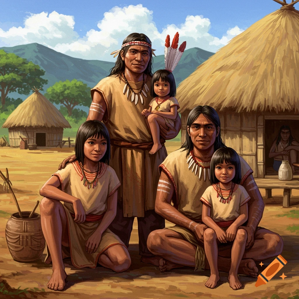 An indigenous family of five poses outside their huts in a village.