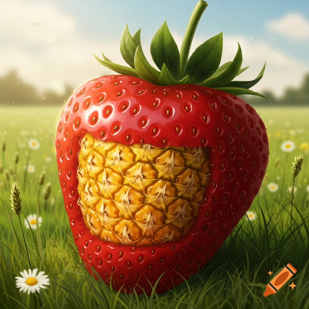 A giant strawberry with a pineapple texture inside, standing in a sunny field with flowers.