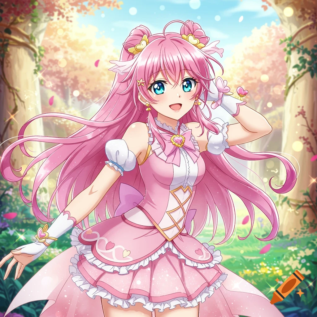 Anime girl with pink hair and blue eyes in a pink dress poses in a fantasy forest.