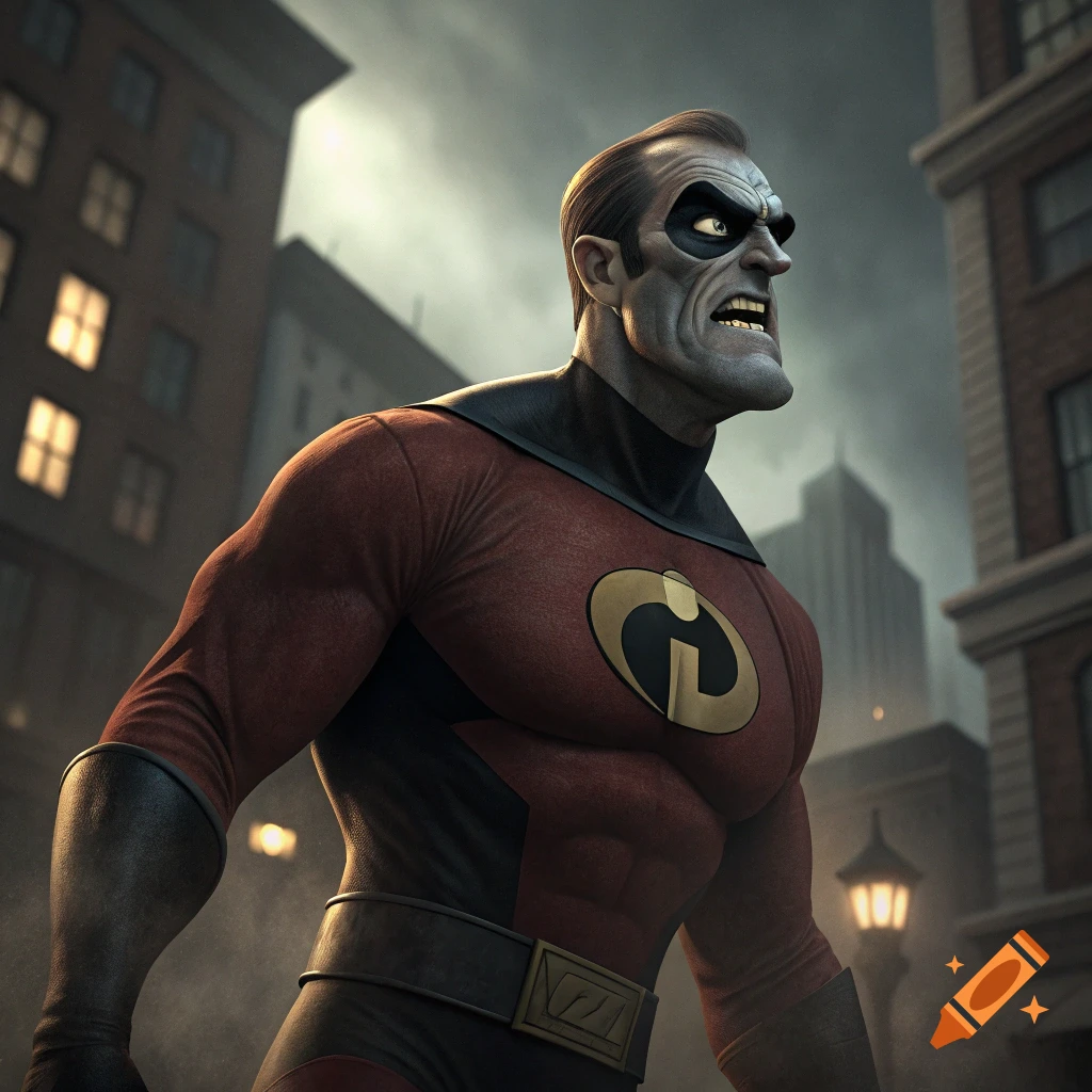 A grim-faced, stylized superhero resembling Mr. Incredible stands in a city, looking uncanny.