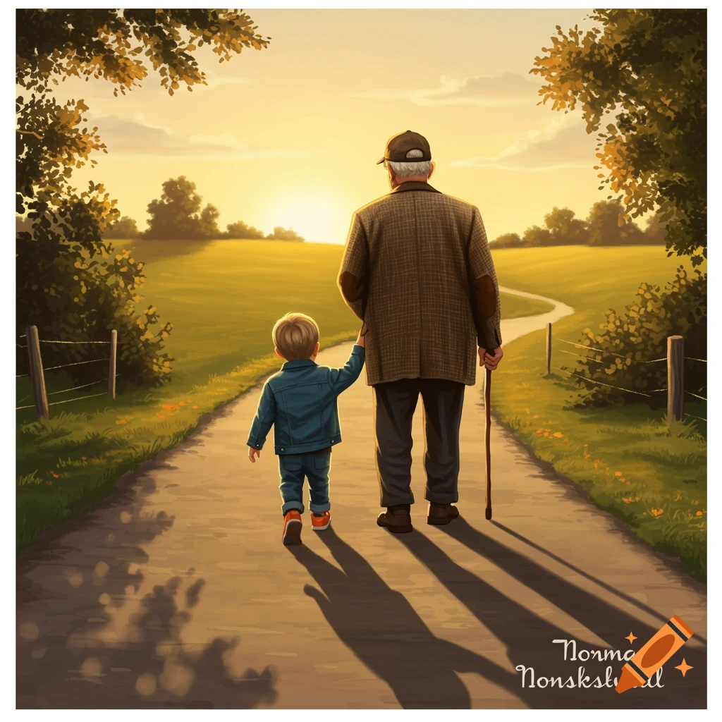 A grandpa and grandson walking hand-in-hand down a country lane at sunset.