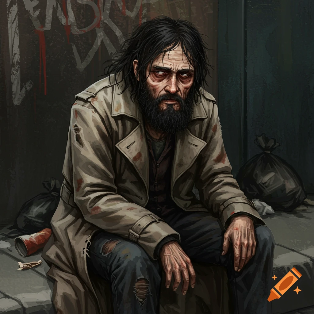 A haggard man in a trench coat is sitting in an urban alley.
