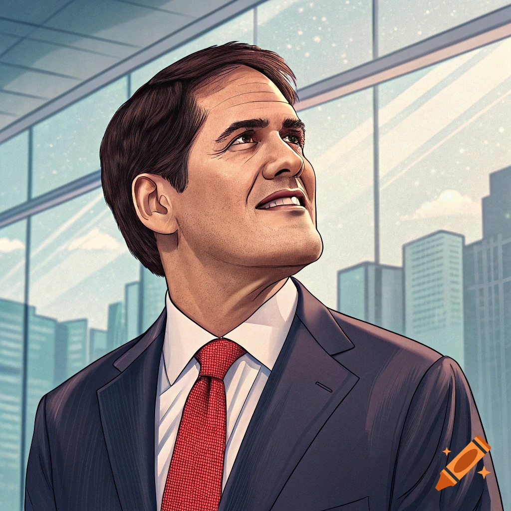 A stylized portrait of Mark Cuban in a suit and red tie, looking up with a city skyline in the background.