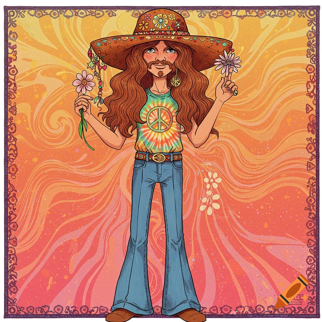 A hippie holding flowers against an orange background