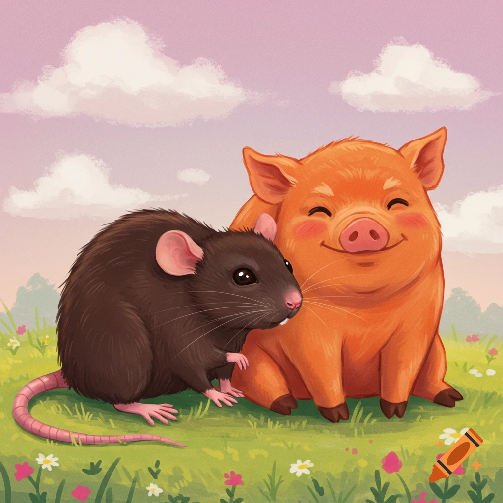 Cute dark brown rat and orange pig cuddling in a grassy field with flowers.